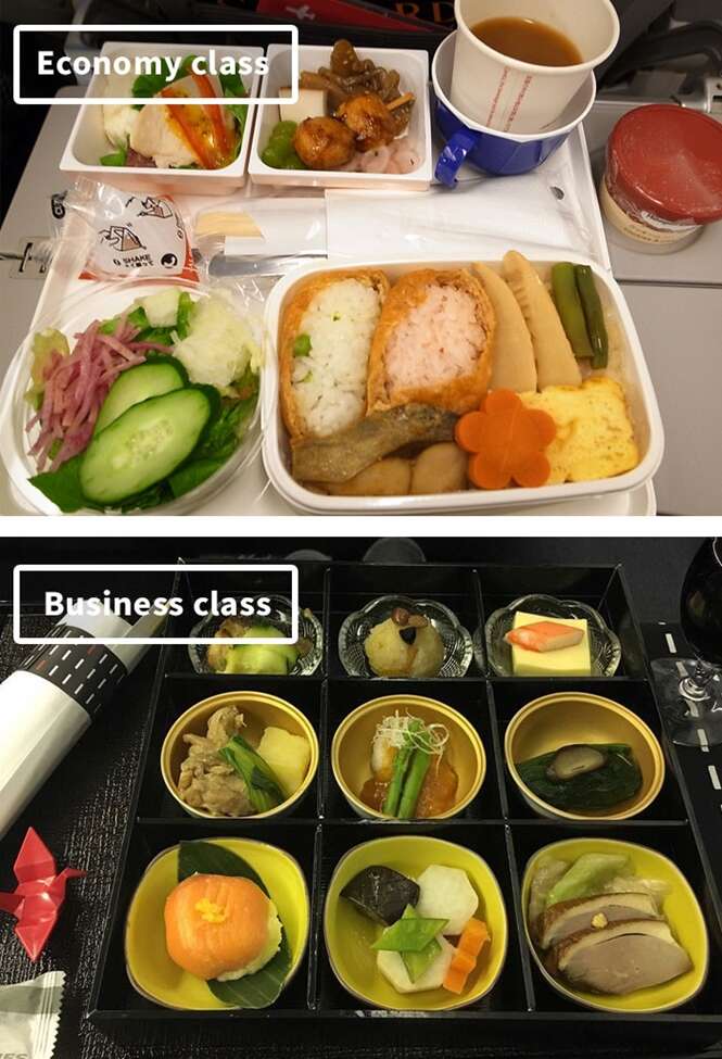 Comida de avião: série mostra a diferença entre comer na classe econômica e primeira classe