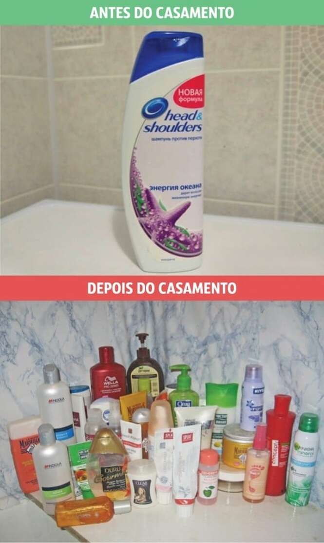 Imagens que representam antes e depois do casamento