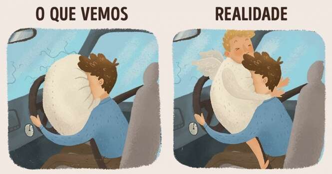 Ilustrações mostrando como é difícil a vida de um anjo da guarda